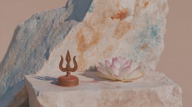 Sacred Bronze Trishul and Pink Lotus Flower on Stone Pedestal for Chaitra Navratri Celebration Minimalist Religious Banner Background with Copy Space