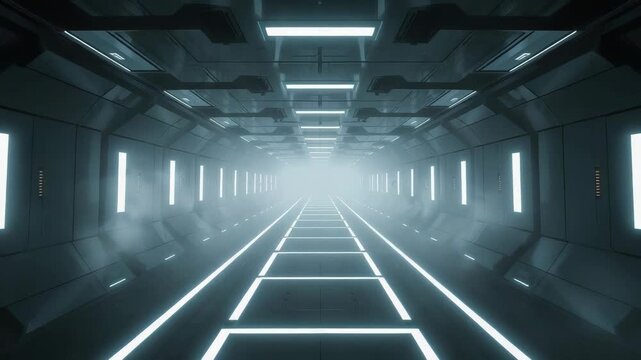 Futuristic illuminated corridor with glowing floor panels, foggy sci fi hallway and misty interior