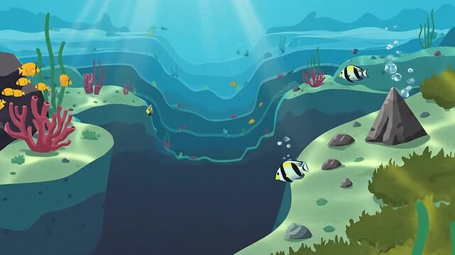 Colorful underwater coral reef scene with tropical fish and sun rays illustration