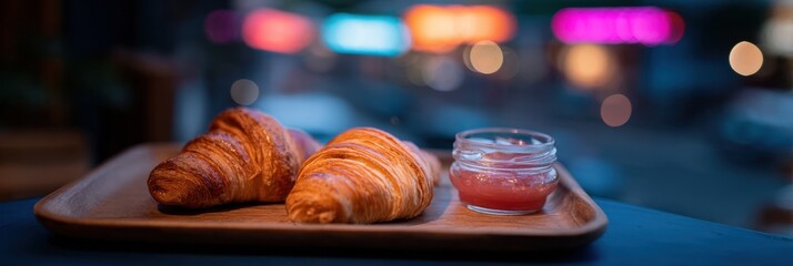 Obraz premium Freshly Baked Croissants on a Wooden Tray with Fruit Jam, Gourmet Breakfast Pastry in a Modern Cafe Setting with Neon Bokeh Lights for Bakery Advertising and Menu
