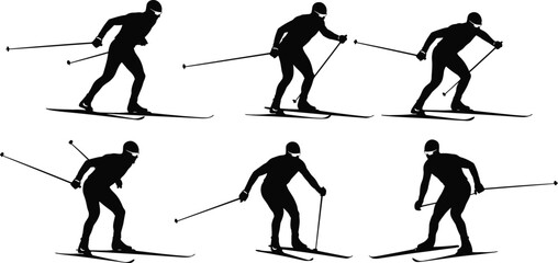 Fototapeta premium Black silhouette collection of six cross-country skiers in various stages of motion, featuring rhythmic poling and gliding techniques on a white background