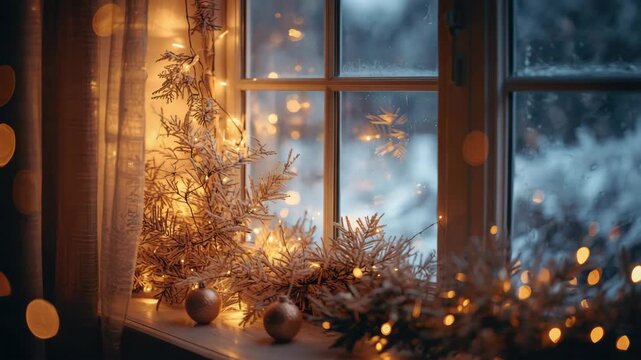 Cozy window holiday fairy light bokeh winter frost scene with warm string lights and frosted view