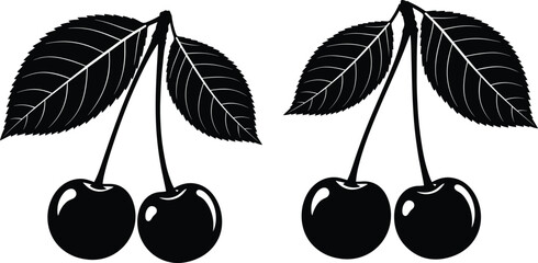 Black silhouette cherry fruit vector illustration with leaves, minimal design, isolated on white background, fresh organic berry artwork for decoration, printing © Shoentesh