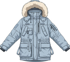 Light blue heavy winter parka jacket vector illustration with faux fur hood and tactical utility pockets for outdoor adventure and cold weather fashion. © MdEmdadul