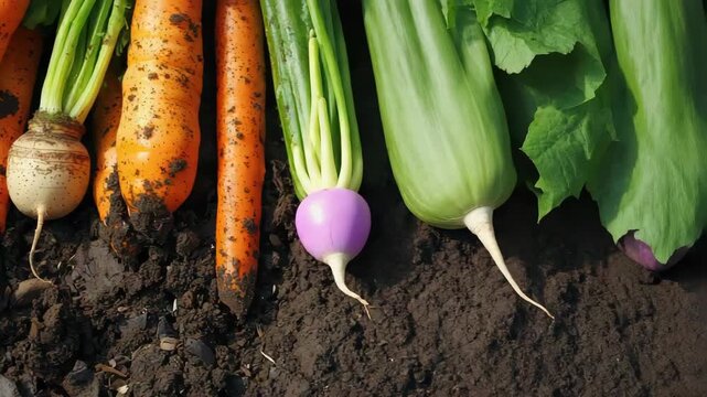 Freshly harvested carrot and turnip root vegetables with soil and bok choy leafy greens rustic farm
