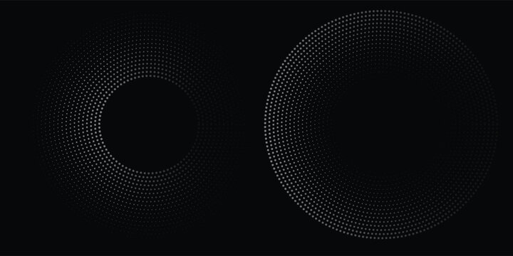 Halftone circular dotted frames set. Circle dots texture isolated on white background. Spotted spray texture. Vector abstract design element spiral circle sound wave vector logo modern black and white