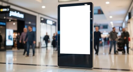 Obraz premium Blank advertising billboard in busy shopping mall corridor with shoppers