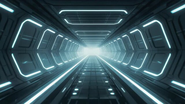 Futuristic illuminated corridor tunnel with vanishing point, sleek metallic blue light ambiance