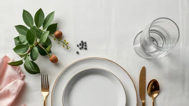 Elegant table setting white plate gold cutlery linen tablecloth water glass fork with soft napkin