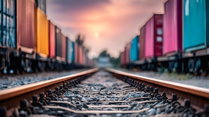 Colorful Cargo Containers Lined Up Along Tracks Under a Sunset Sky
