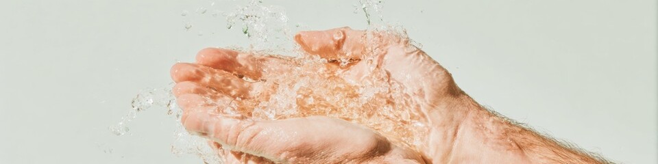 Fototapeta premium Wet cupped hands with water splashing for skincare and hygiene advertising, person washing palms and fingers for fitness and hydration concept with copy space