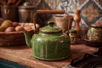 A charming vintage-inspired green enamel kettle with rustic speckled detailing and a warm copper-toned handle sits prominently on a weathered wooden countertop. The scene evokes a cozy, traditional ki