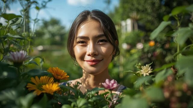 Young woman smiling in sunlit garden with flowers, portrait of serene woman in warm sunlight