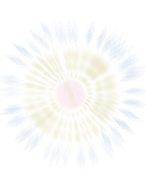 A soft radial abstract pattern featuring pink, beige, and blue light gradients forming a symmetrical particle-based design on a dark background.