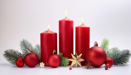 Three Red Candles With Lit Flames And Christmas Ornaments On A White Background