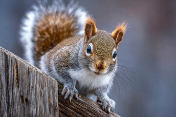 A charming and curious small mammal, likely a squirrel, gazes directly forward with bright, alert eyes from its perch on a weathered wooden surface. Its fluffy, textured fur in shades of grey, brown, 