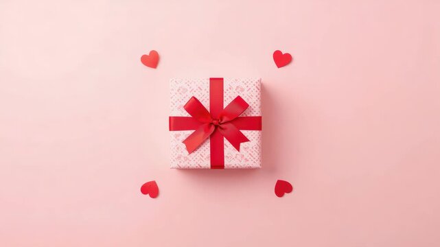 Pink gift box with red ribbon bow heart accents, scattered red and pink hearts gift ribbon
