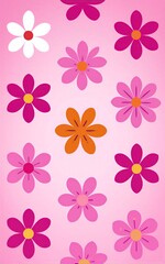 Pink, white, and orange flowers on soft pink background in playful pattern.
