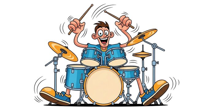 Cartoon Man Playing Drums Energetically.