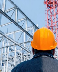 Construction worker in yellow hard hat looking at steel building frames, professional engineer supervising industrial site development during bright daylight outdoors