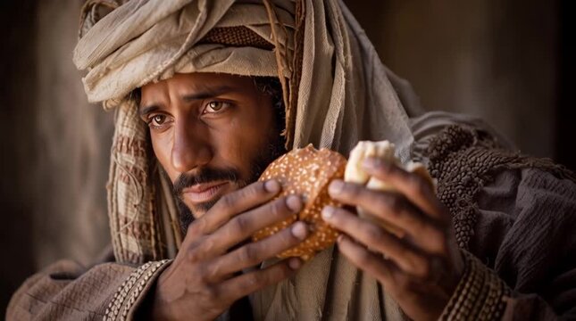 Man in historical clothing breaking bread, religious theme, closeup