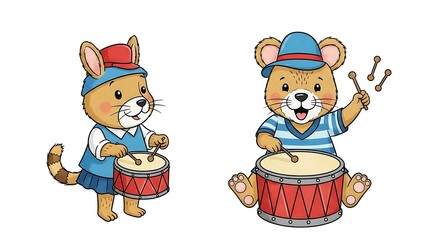 Fototapeta premium Cartoon Mice Playing Drums Musically.