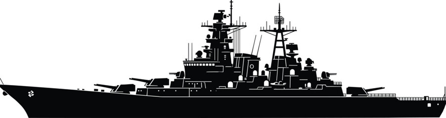 Black silhouette modern warship battleship vector illustration, detailed naval military vessel with radar and guns, maritime defense technology isolated on white background © Shoentesh