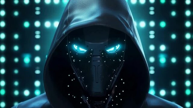 Futuristic Hooded Robot with Blue Eyes