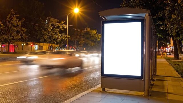 Empty illuminated advertising billboard at a bus stop on a busy city street at night with blurred car light trails