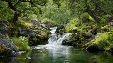 Fototapeta premium Serene Forest Waterfall Cascading Over Mossy Rocks into a Tranquil Pool