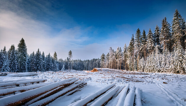 Snowy Clearcutting By A Spruce Forest In The Winter