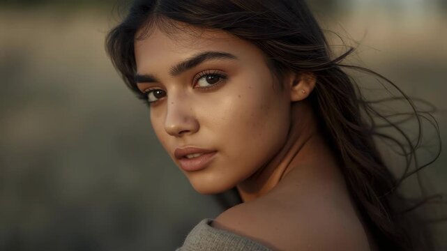 Warm close up portrait of young woman face with freckle natural light close up portrait expressing