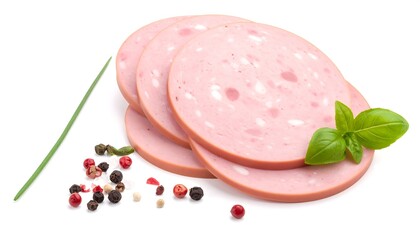 Sliced meat with herbs and spices on white background