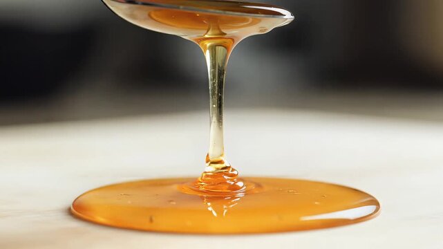 Viscous golden honey slowly dripping from a silver spoon, forming a smooth puddle, macro close-up, symbolizing sweetness, natural ingredients