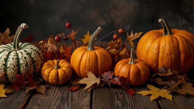 Autumn pumpkin and gourd harvest rustic wooden table with colorful fallen leaves and warm seasonal