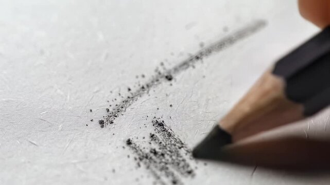 Extreme Close-Up Slow Motion of Pencil Drawing Graphite Line on Textured Paper Surface, Creating Abstract Shading and Smudging