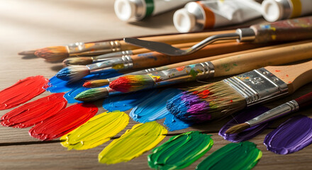 Fototapeta premium Art supplies including paintbrushes and tubes of colorful paint arranged on a wooden surface for creative projects and artistic expression