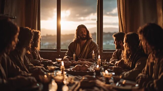 Jesus christ sharing the last supper with his twelve apostles in a dimly lit room at sunset