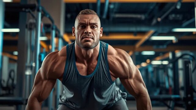 Muscular man gym training intense expression lifting dumbbell focused determination and dramatic