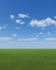 Fototapeta premium Lush green grass field under a vast blue sky with white clouds, beautiful landscape background for environmental banner and travel advertising with copy space