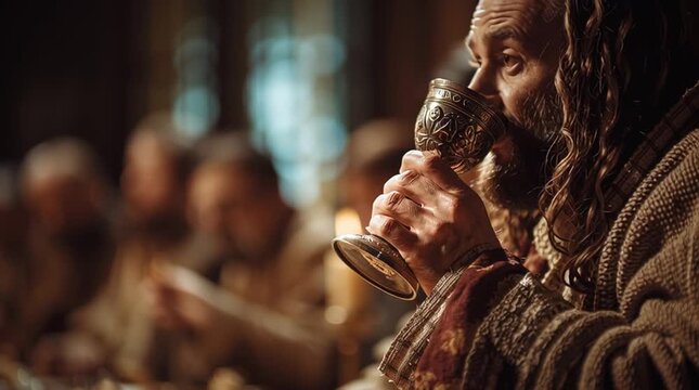 Man holding a chalice at the last supper, religious scene