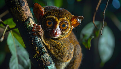 Obraz premium A great horned owl in flight glides through the wild forest nature past a cute baby lemur climbing a jungle tree branch