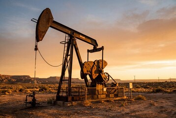 Rusty oil pumpjack operating in a desert landscape at sunset