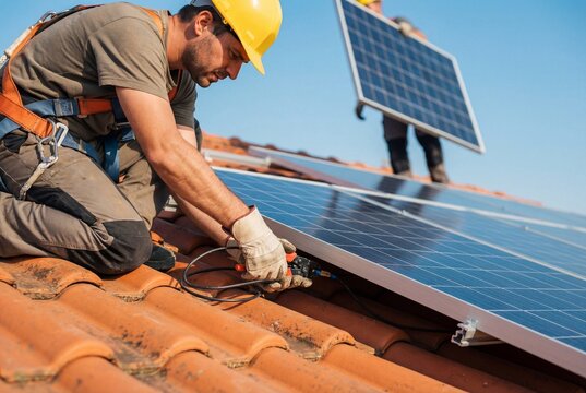 Solar panel installer connects wiring on a residential tiled rooftop