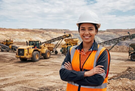 Smiling female worker in hard hat at open pit mine site