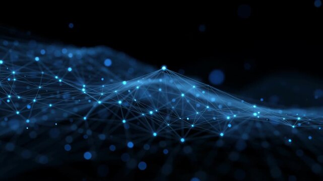 Abstract ai digital technology background motion flow three dimensional texture animation effect with light overlay glowing celebration video design decoration, falling glow particle create concept