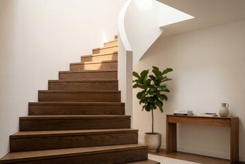 Naklejka premium Elegant wooden staircase and console table in a modern home foyer