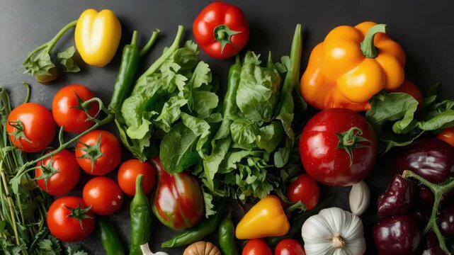 Fresh organic vegetables spread dark surface with vibrant colors tomato bell pepper chili garlic