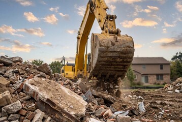 Fototapeta premium Excavator bucket scoops demolition rubble on a construction site