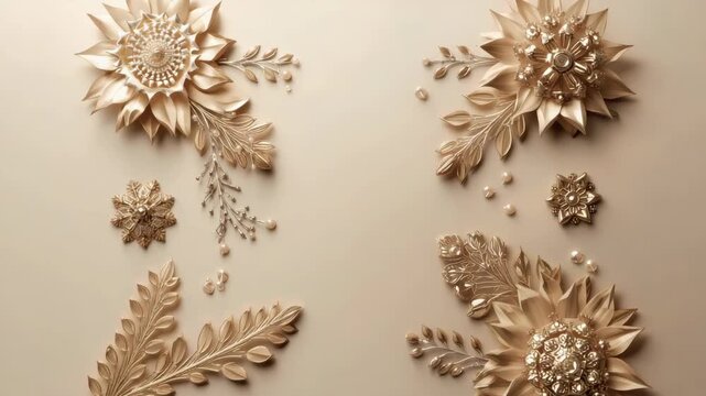 Luxurious gold floral ornate leaf arrangement with decorative pearl accents evokes elegant